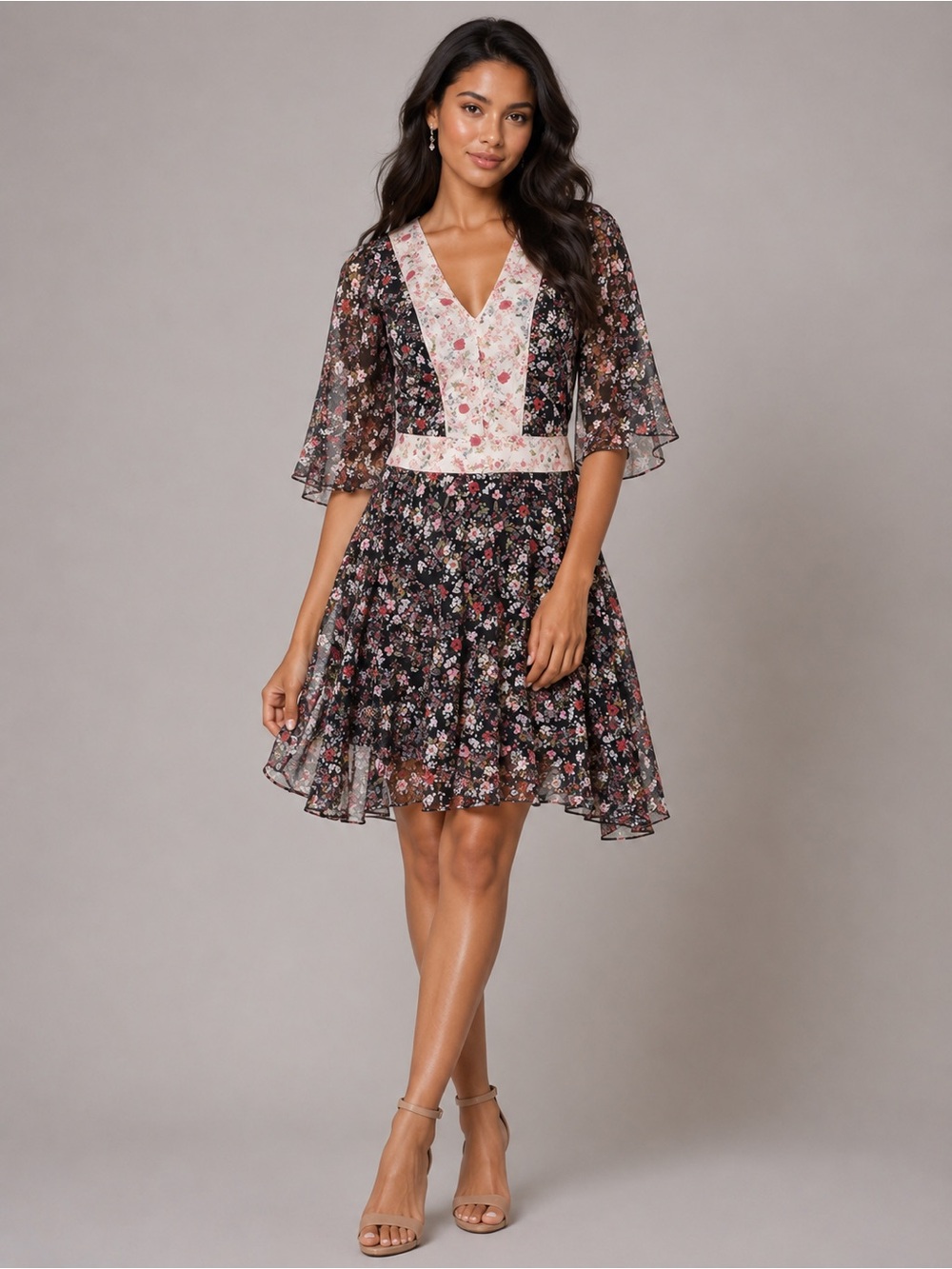 New COOPER ST. Navy Floral Star Flutter Sleeve V-Neck Dress Sz 2